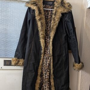 Express denim Coat with Faux Fur Trim